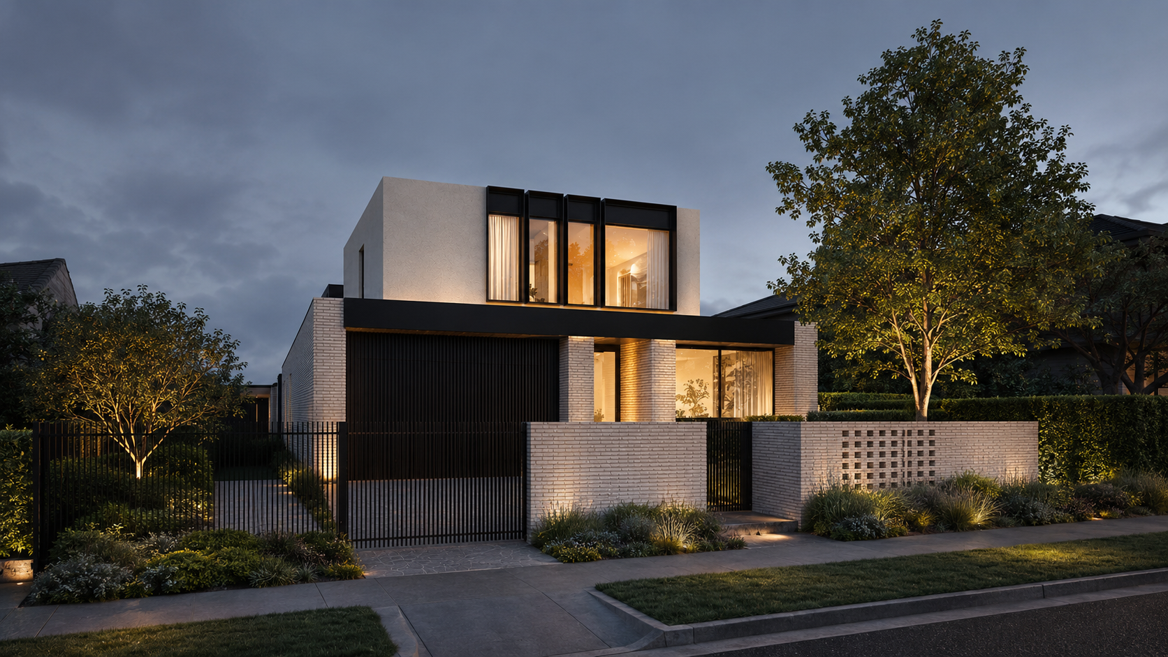 Architectural design for a pale brick two-storey private residence in Brighton East with black steel detailing and established landscaping