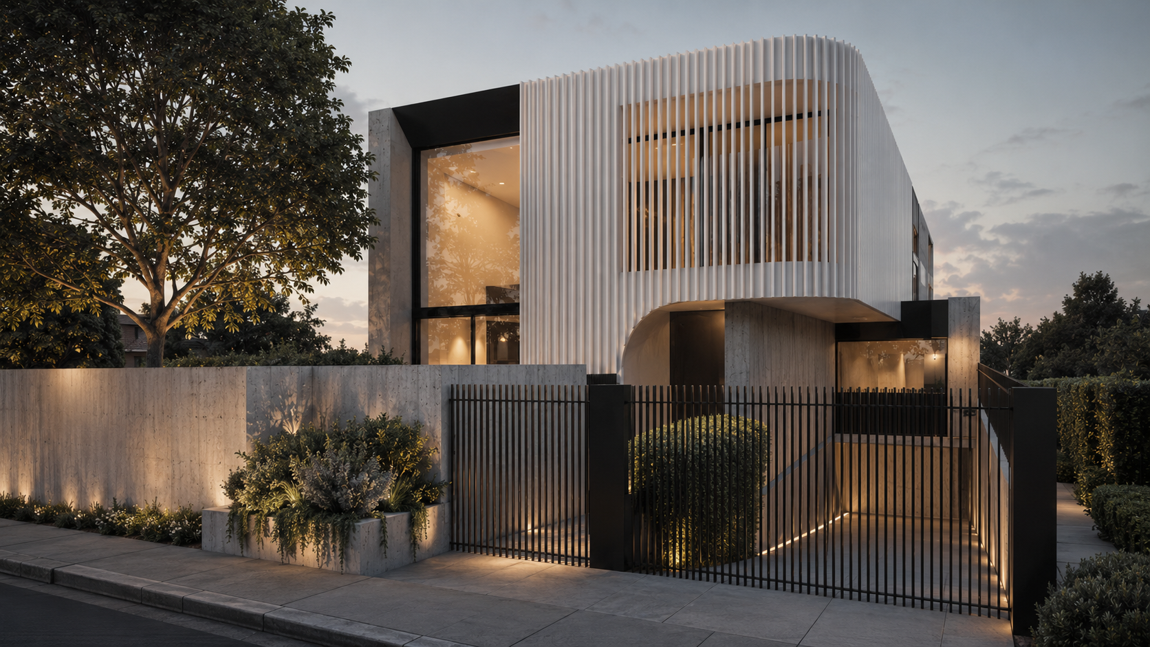 Architectural design for a two-storey private residence in Brighton with curved vertical white fins and a black glazed volume